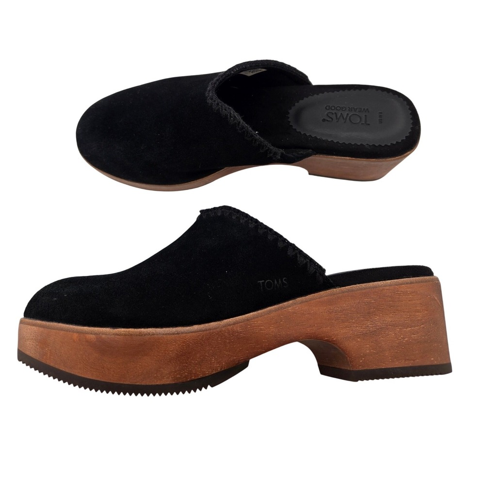 TOMS Black Suede Platform Clogs Wood Heel Mules Size  8.5